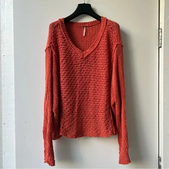 Free People V-Neck Crochet Boho Sweater - Burnt Orange - Size M - Picture 5 of 12